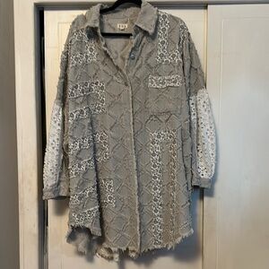 POL Boho Gray and White Lace Patchwork  Shacket/ Duster/ Shirt